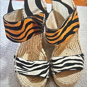 Kenneth Cole Zebra & Tiger Print Espadrille Wedge Sandals - Black, White, Orange